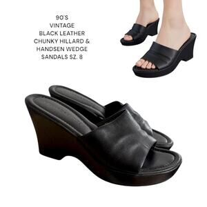 90'S VTG. BLACK LEATHER CHUNKY HILLARD & HANSEN WEDGE SANDALS SIZE 8.